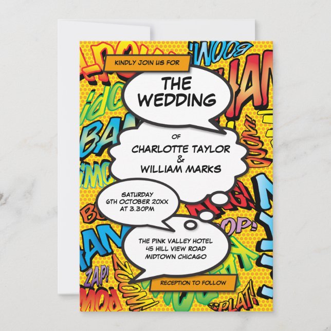 Modern Fun Typographic Comic Book Wedding Invitation (Front)