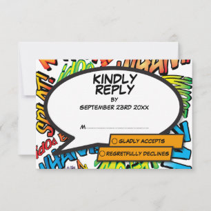 Modern Fun Typographic Comic Book Wedding RSVP Card