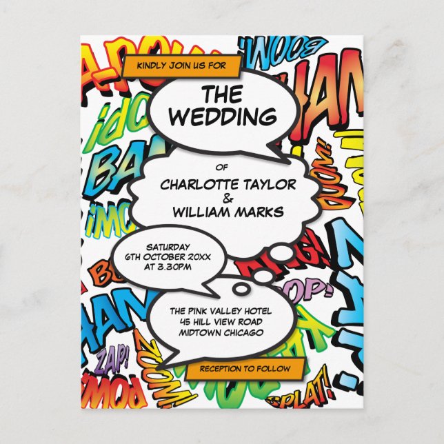 Modern Fun Typographic Comic Wedding Invitation Postcard (Front)