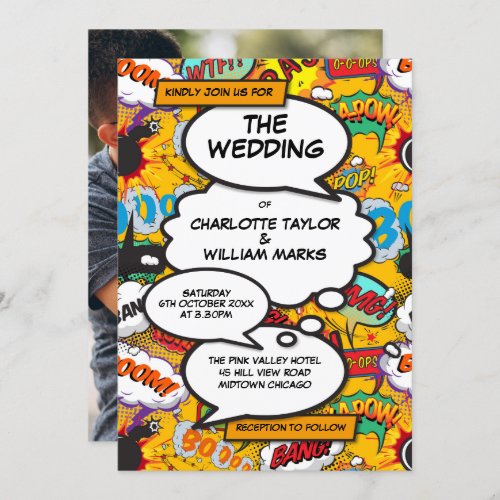 Modern Fun Typography Photo Comic Book Wedding Invitation
