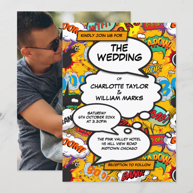 Modern Fun Typography Photo Comic Book Wedding Invitation | Zazzle
