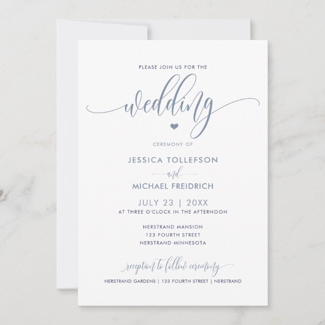 Modern Fun Wedding Typography Dusty Blue Invitation (Front)