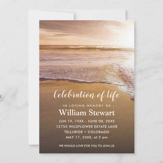 Modern Funeral | Beach Sunset Celebration of Life Invitation (Front)