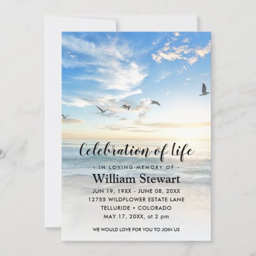 Modern Funeral  Celebration of Life Beach Sunset Invitation