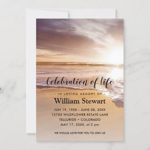 Modern Funeral  Celebration of Life Beach Sunset Invitation
