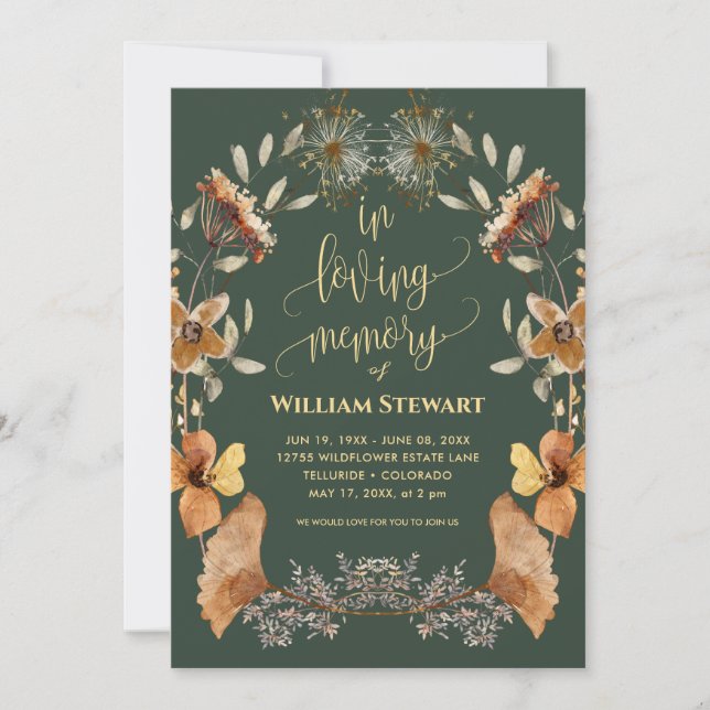 Modern Funeral Celebration of Life Boho Dark Green Invitation (Front)