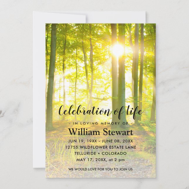 Modern Funeral | Celebration of Life Forest Sunset Invitation (Front)