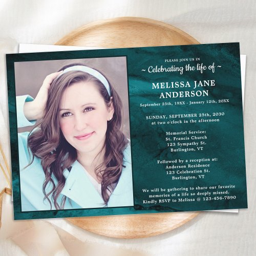 Modern Funeral Celebration Of Life Green Marble  Invitation