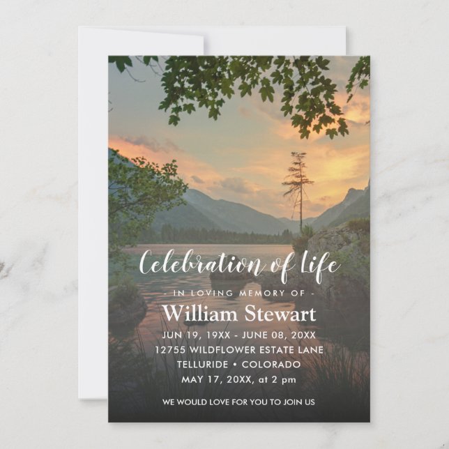Modern Funeral | Celebration of Life Lake Sunset Invitation (Front)