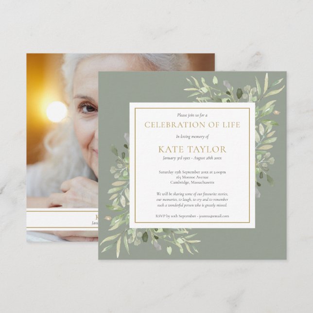 Modern Funeral Celebration of Life Photo Square Invitation (Front/Back)