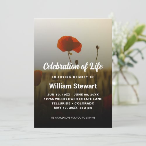 Modern Funeral  Celebration of Life Red Flower Invitation