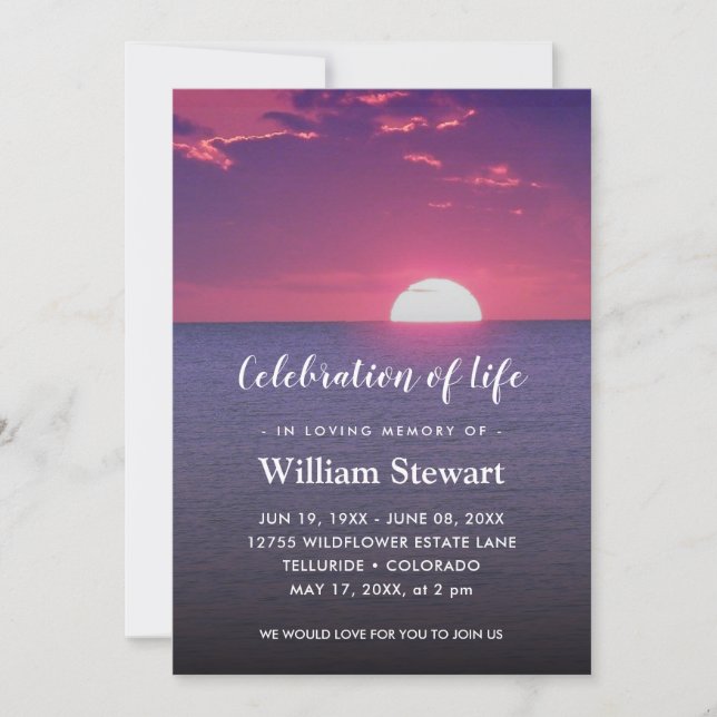 Modern Funeral | Celebration of Life Sunset Invitation (Front)
