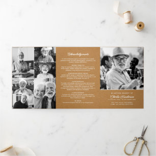 Modern Funeral/Memorial Faux Kraft Photo Collage Tri-Fold Program