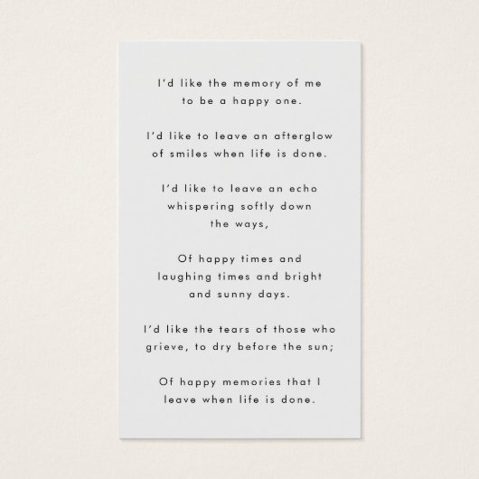Modern Funeral Memorial Photo Poem or Prayer Card (Back)