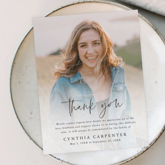 Modern Funeral Memorial Photo Thank You Postcard (Modern script simple photo memorial thank you postcard.)