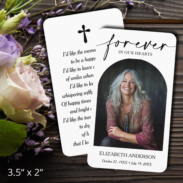 Modern Funeral Memorial Prayer Photo Card (Forever in our Hearts funeral memorial photo prayer cards - bookmarks, default size 3.5" x 2" )
