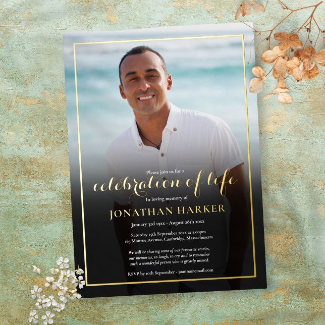 Modern Funeral Photo Celebration of Life Gold Foil Invitation (Creator Uploaded)