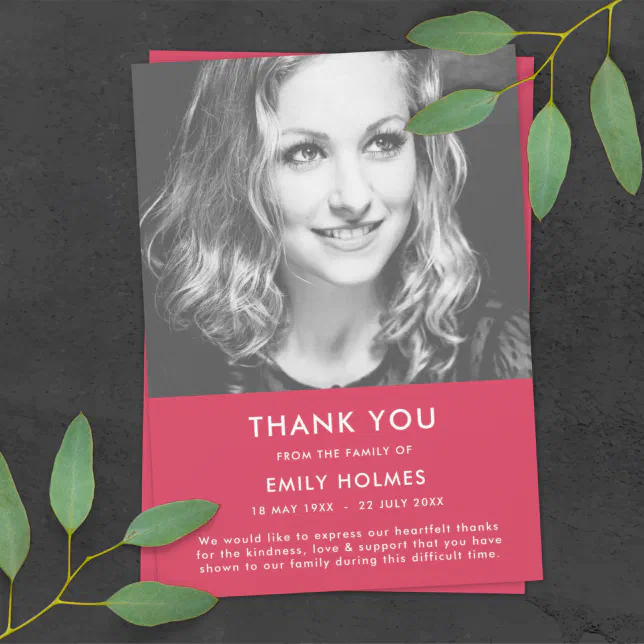 Modern Funeral | Pink Celebration of Life Sympathy Thank You Card | Zazzle