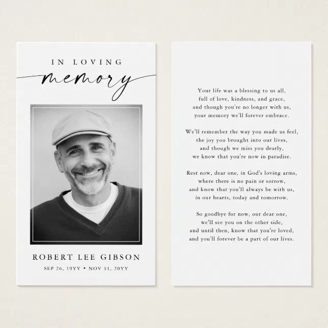 Modern Funeral Sympathy Photo Memorial Prayer Card | Zazzle