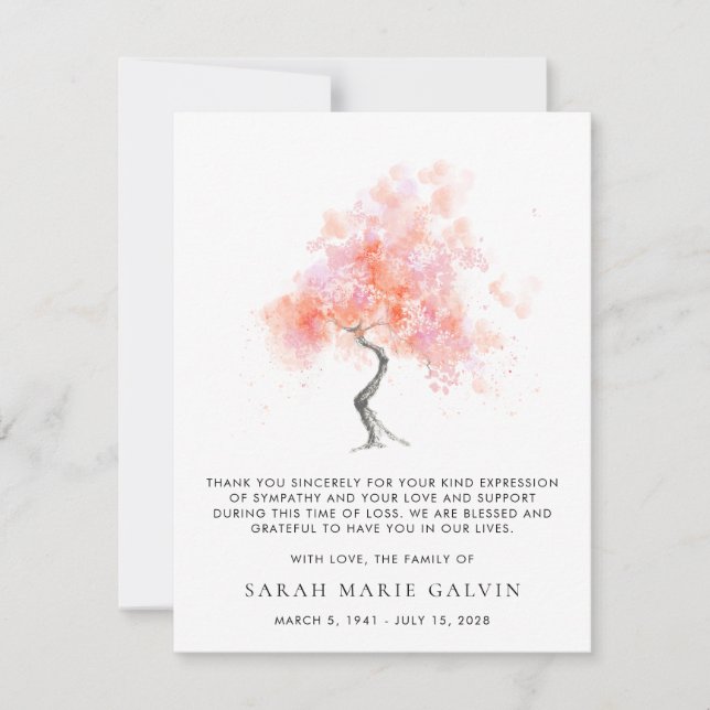 Modern Funeral Tree Watercolor Thank You Card (Front)