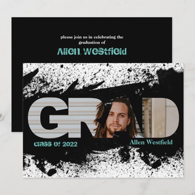 Modern Funky Black Splat GRAD Photo Invitation (Front/Back)