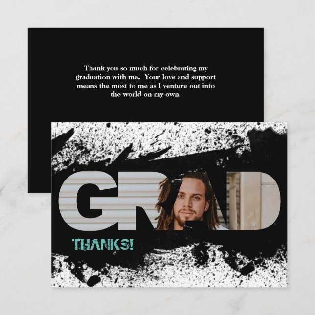 Modern Funky Black Splat GRAD Photo Thank You Card (Front/Back)