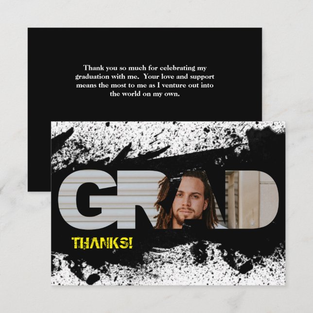 Modern Funky Black Splat GRAD Photo Thank You Card (Front/Back)