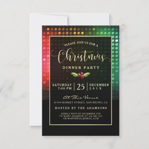 Modern Funky Christmas Party Invitation - Send modern, elegant Christmas party invitations for your dinner party celebration this year with these easy to personalize / customize invites. The semi-transparent black overlay has a golden border over a funky retro pattern of disco lights. There is a sprig of holly and two holly berries in the middle. Zazzle has lots of different fonts and font colors to chose from. Please note the all Zazzle products are digitally flat printed.