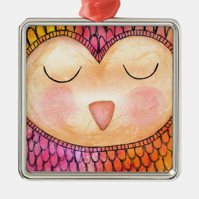 Modern Funky Sleepy Owl Mixed Media Painting Metal Ornament (Front)