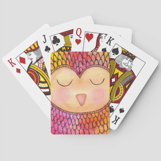 Modern Funky Sleepy Owl Mixed Media Painting Poker Cards (Back)