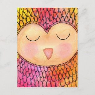 Modern Funky Sleepy Owl Mixed Media Painting Postcard