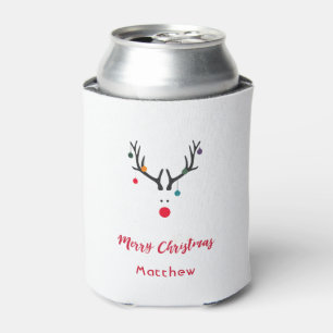 Modern funny abstract Christmas reindeer on white Can Cooler