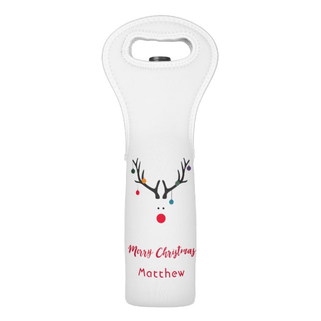 Modern funny abstract Christmas reindeer on white Wine Bag (Front)