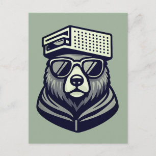 Modern Funny Bear With Cheese Grater Hat Green Postcard