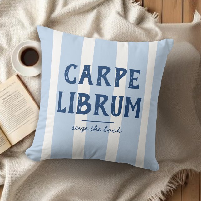 Modern Funny Book Lover's Quote Blue Striped Throw Pillow (Creator Uploaded)