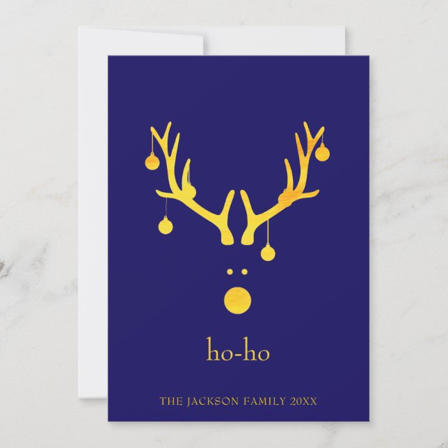 Modern funny Christmas card reindeer gold blue (Front)