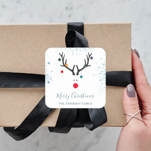 Modern funny Christmas reindeer blue glitter Square Sticker