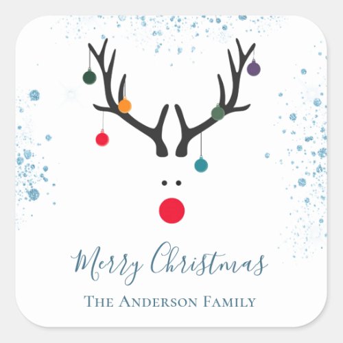 Modern funny Christmas reindeer blue glitter Square Sticker