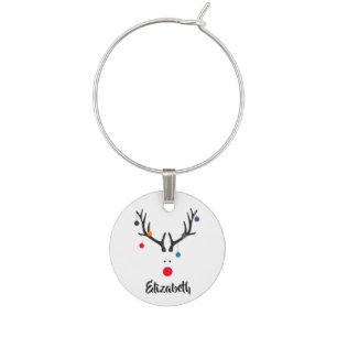 Modern funny Christmas reindeer on white name Wine Charm
