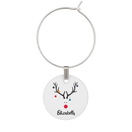 Modern funny Christmas reindeer on white name Wine Charm