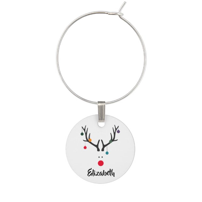 Modern funny Christmas reindeer on white name Wine Charm (Front)