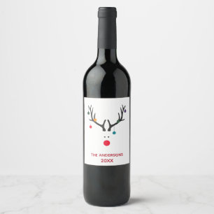 Modern funny Christmas reindeer on white name Wine Label