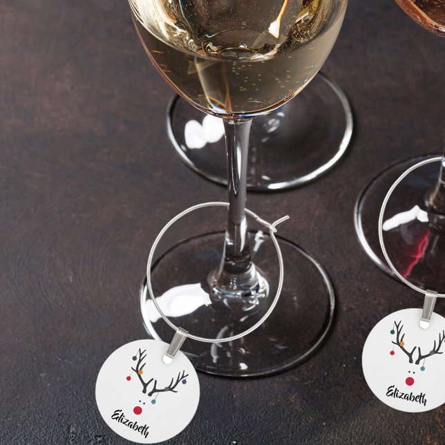 Modern funny Christmas reindeer on white names Wine Charm (Creator Uploaded)