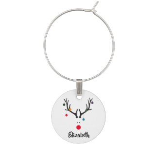 Modern funny Christmas reindeer on white names Wine Charm