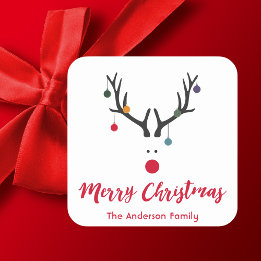 Modern funny Christmas reindeer on white Square Sticker