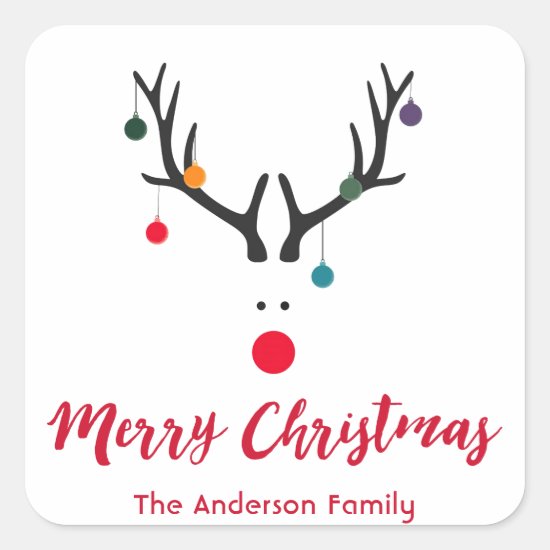 Modern funny Christmas reindeer on white Square Sticker