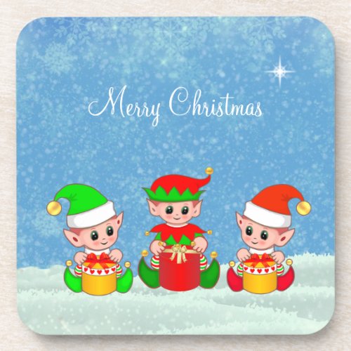 Modern Funny Cute Christmas Elf Buddies Beverage Coaster