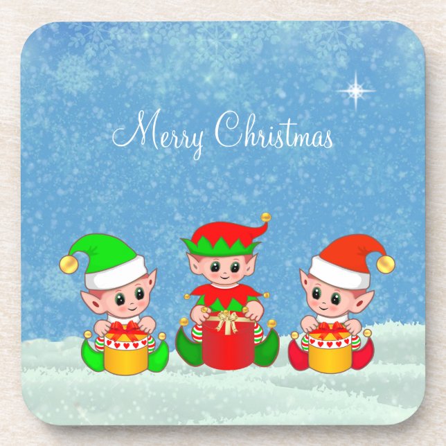 Modern Funny Cute Christmas Elf Buddies Beverage Coaster (Front)