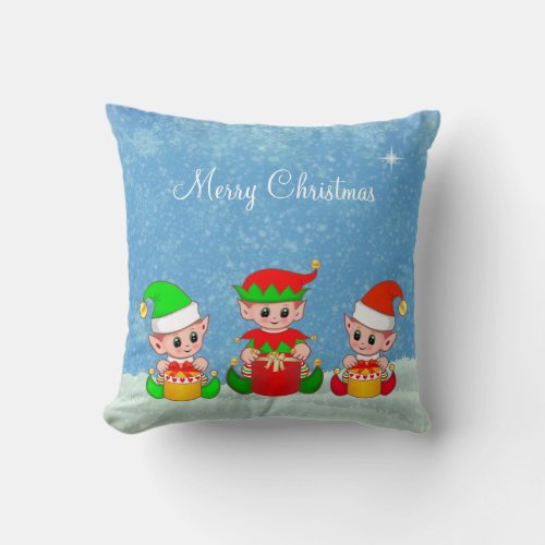 Modern Funny Cute Christmas Elf Buddies Throw Pillow