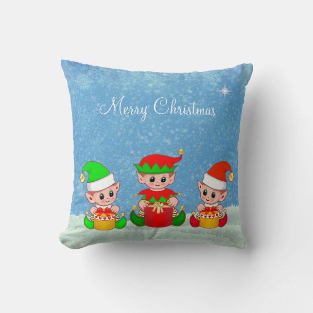 Modern Funny Cute Christmas Elf Buddies Throw Pillow (Front)